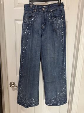Wide-Leg Dark Blue Jeans with Crystal Embellishment